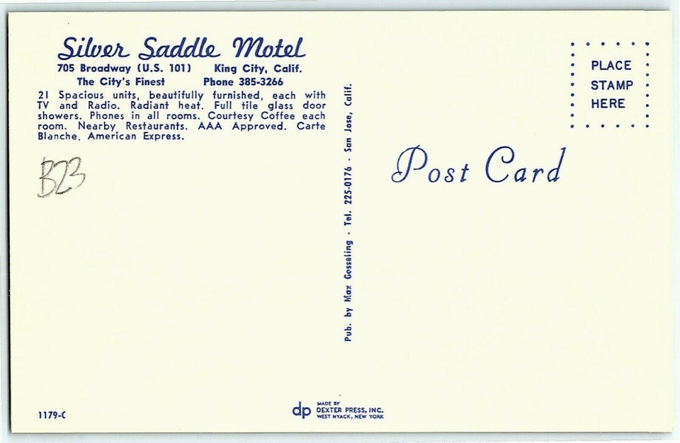 c1960s Silver Saddle Motel King City California Postcard Cars Roadside