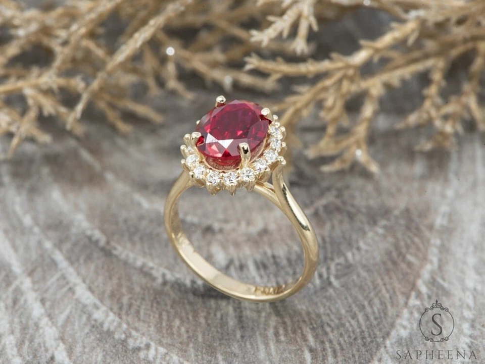Ruby Engagement Ring Lab Grown Diamond 14K Yellow Gold Oval 3.90 Carat 5 6 7.5 8 - Image 3 of 4