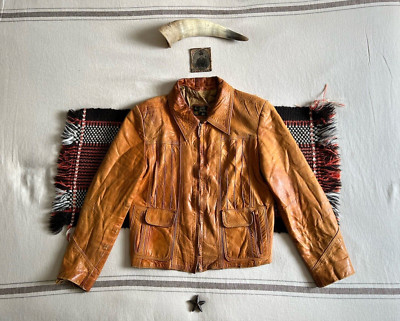 Hedi Skinny Lederjacke M 70er Tabak Western goldbraun weiches Mexikanerfell 