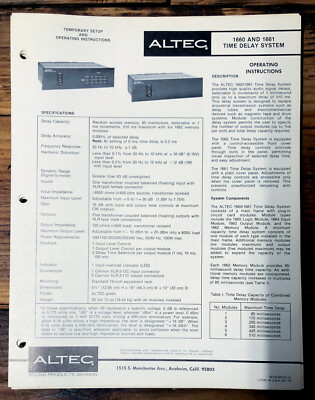 Altec Model 1660 1661 Time Delay Owners Manual & Schematic *Orig* | eBay