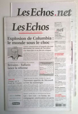LES ECHOS vom 3. Februar 2003 - Columbia Explosion: Die Welt unter Schock