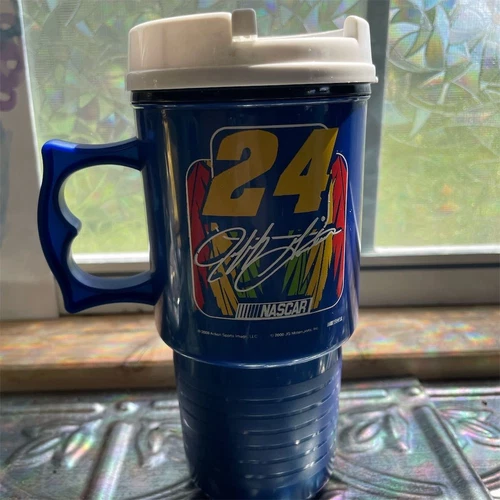 Vtg Jeff Gordon #24 NASCAR DuPont Racing Coffee Mug w/ Lid Blue Collectible Auto