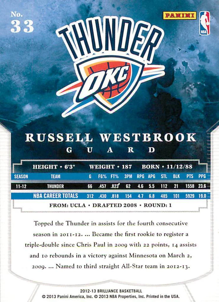 RUSSELL WESTBROOK 2012-13 Panini BRILLIANCE FOIL #33 Rockets - Image 2 of 2