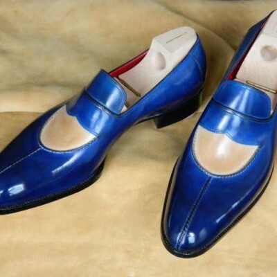 Men's Handmade Blue & Beige Leather Moccasins Shoes, Formal Wear Dress Shoes  | eBay