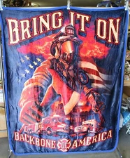 FIREFIGHTER FIRE TRUCK AMBULANCE FLAG USA THROW BLANKET SHERPA BACK 50 X 60