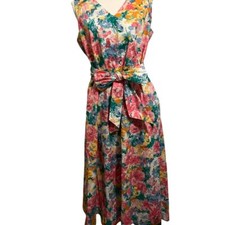 Ann Klein Floral Cotton Dress Medium V Neck Tea Length Cottagecore Garden Party