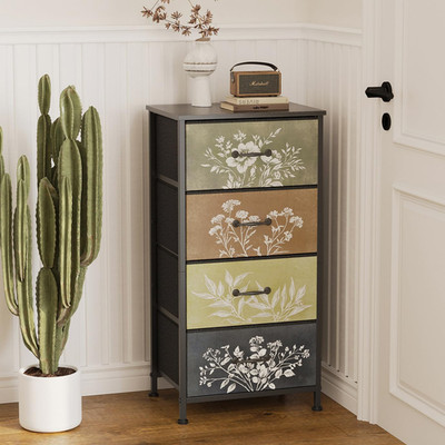 Rustic Vintage 4-Drawer Nightstand with Botanical Fabric for Stylish Storage
