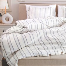 Queen 90"x90" Striped Duvet Cover Set 3 Pieces 100 Washed Cotton Hiera Button C