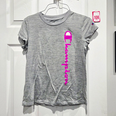 Champion Girls Crew Neck T-Shirt 14/16 Gray Pink Logo Graphic Print Blend