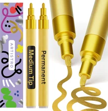 ARTISTRO 2 Gold Permanent Marker - Waterproof Markers for Tire, Fabric, Rocks, G
