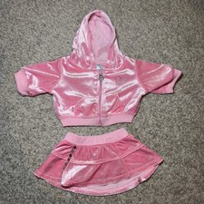 Build-A-Bear Pink Velour Hoodie Skirt Outfit Set Sparkle Heart Bear Clothes