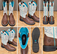Ariat Girls Youth Western Cowboy Boots Brown Cream Turquoise Sz 5.5B Leather