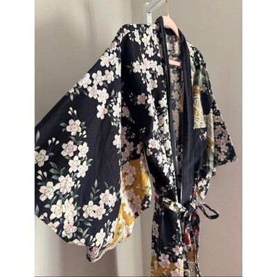 Japanese Cotton Black Floral Kimono Robe with Gold Accents and Cherry Blossoms