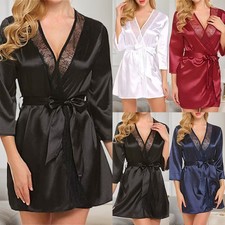 Women Lace Sexy Silk Satin Kimono Dressing Gown Bath Robe Nightgown Pyjamas PJs