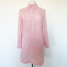 Vtg 70s Sears Pipit Fashions Pink Shirtdress Floral Embroidered Flowers Boho 14