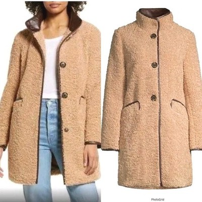 Sam Edelman Sherpa Teddy Coat Tan Faux Fur Womens M Medium Length Winter Jacket