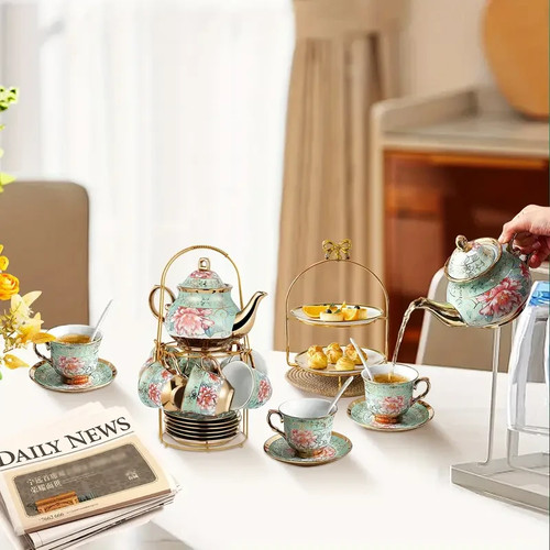 20pcs Elegant Floral Ceramic Tea Set with Golden Accents - Picture 6 of 6