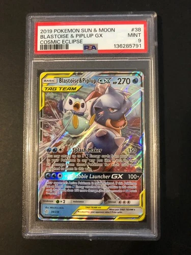 PSA 9, Pokemon Sun & Moon Cosmic Eclipse Blastoise & Piplup GX Holo Rare #38/236