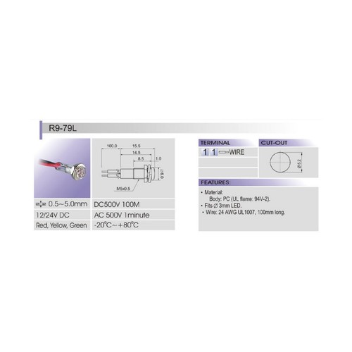 Spia LED piatta rosso 24VDC Ø5,2mm IP40 conduttori 100mm - 第 2/3 張圖片