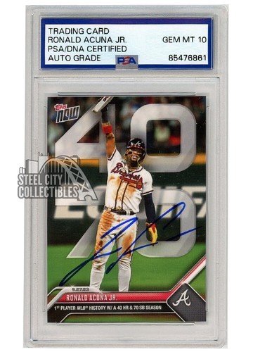 Ronald Acuna Jr 2023 Topps Now 40 HR 70 SB Autograph Card #927 PSA/DNA 10