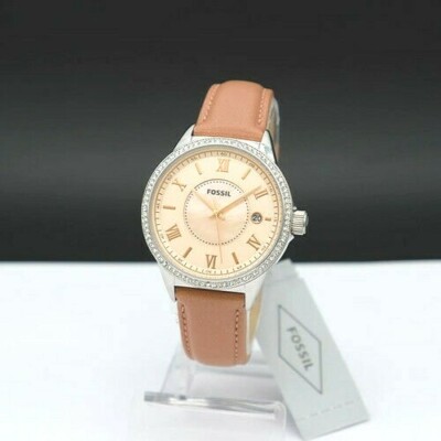 FOSSIL ROSE GOLD LEATHER BAND+SILVER TONE,MOP,ROMAN #,CRYSTAL DIAL WATCH  BQ1110