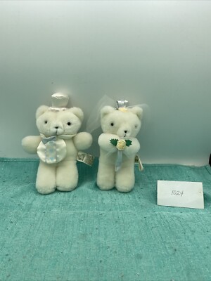 Vintage 1988 Applause White Teddy Bear Bride And Groom Stuffed Animal Set 7 