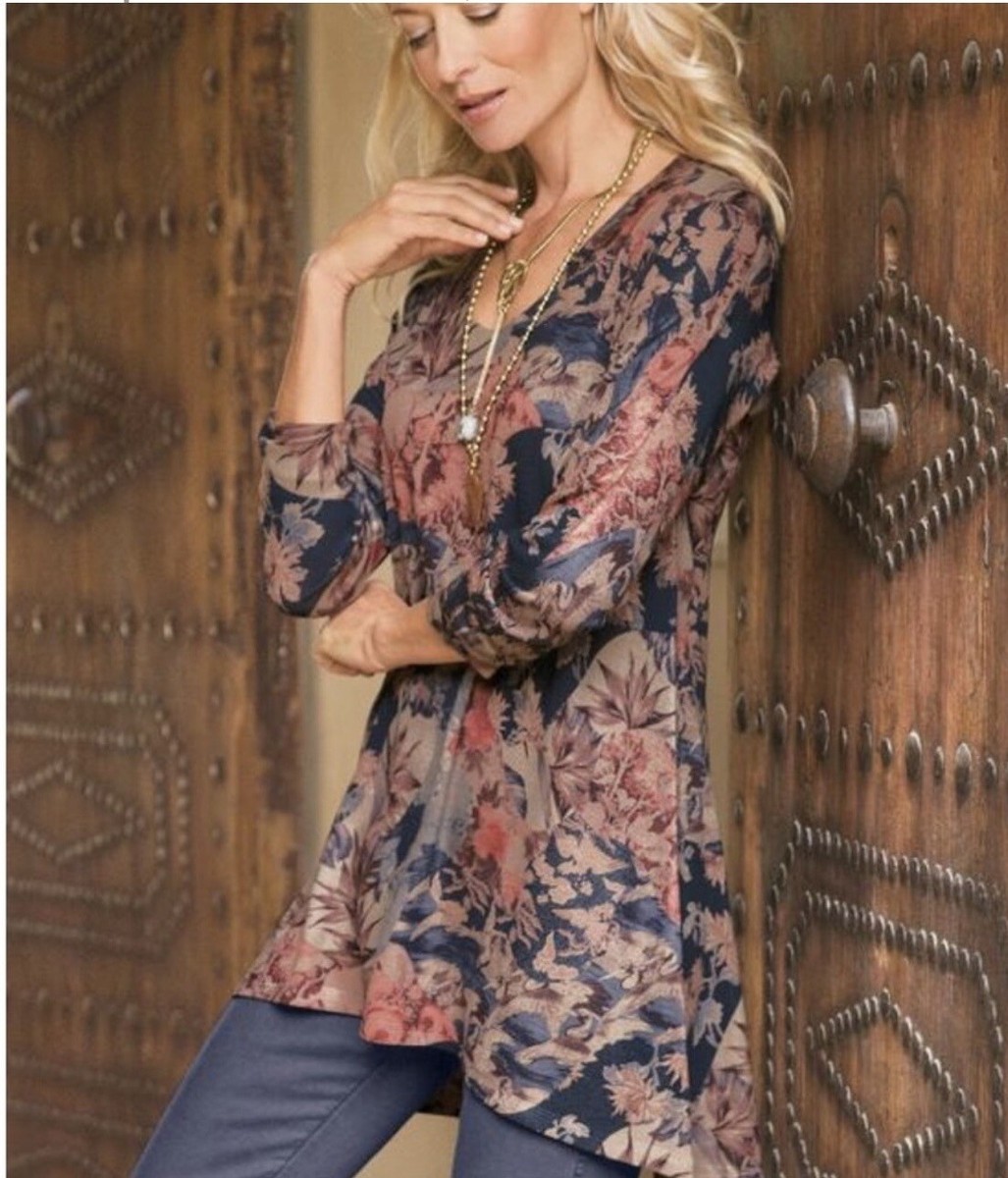 SOFT SURROUNDINGS Millie Tunic Top Floral Bird Shirt Blouse Knit #2AB99 Sz  S | eBay