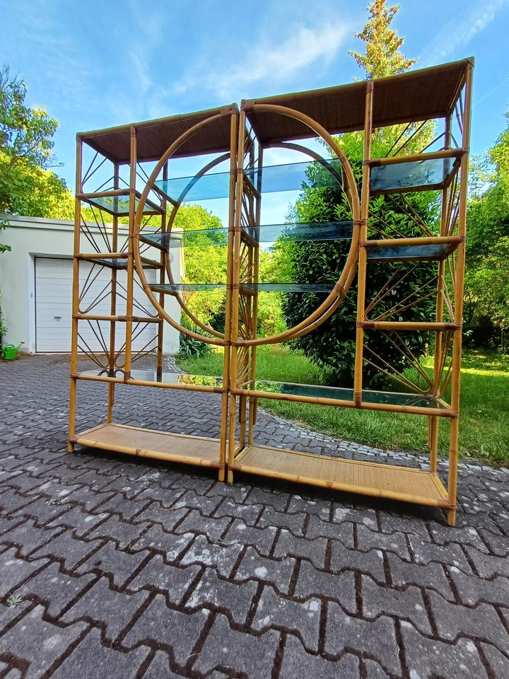 Boho Vintage Bambus Regal 70er 2teilig Hollywood Regency Étagère mit Glas Böden - Bild 2 von 3