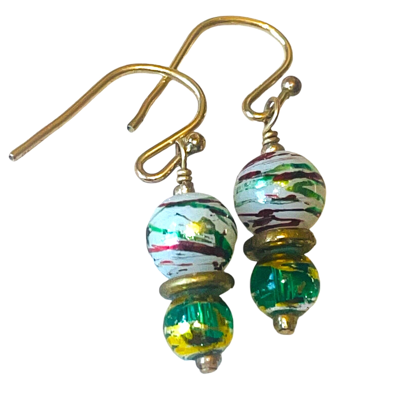 Glass Bead Dangle Earrings Gold Tone Hook Green Red White Christmas Ornament