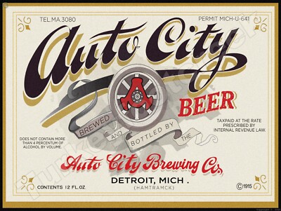 Auto City Beer Label Detroit,Mi 18'' x 24'' Metal Sign