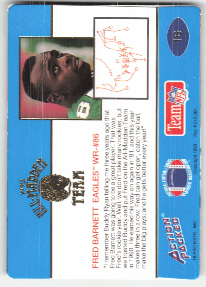Fred Barnett, 1992 Action Packed All-Madden, #16, Philadelphia Eagles, - Image 2 of 2