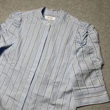 FRAME The Gathered Striped Light Blue/White Short Sleeve Bunched Collar Top Sz S