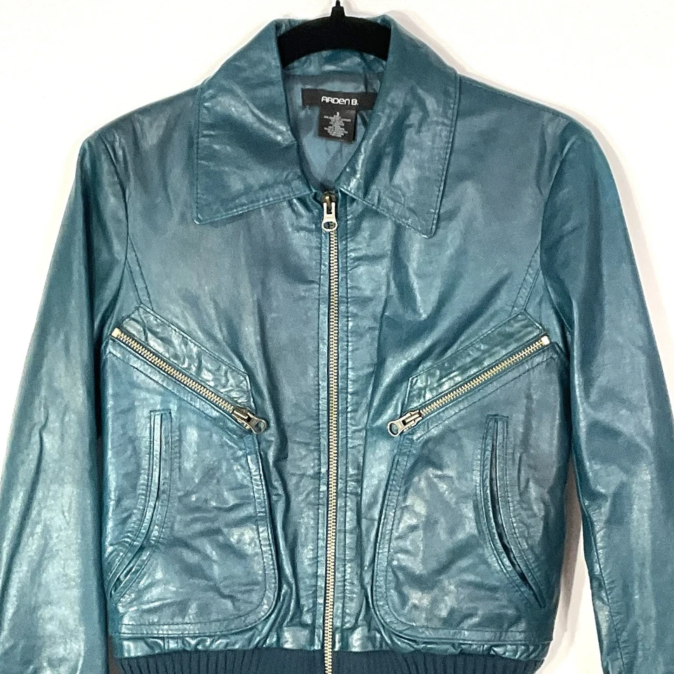 Chaqueta de Moto Arden B De Colección Cuero Bombardero PEQUEÑA VERDE AZULADO Cremallera Y2K De Colección Foto 3 de 4