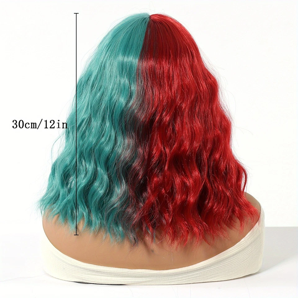 12 дюймов рождественский красный бирюзовый волнистый парик Bob челка синтетические волосы парик для женщин косплей - Изображение 3 из 4