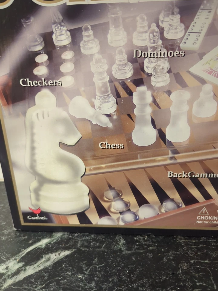 Glass and Wood 5 Game Set Chess Checkers Dominoes Playing Cards Open Box - Image 2 of 4
