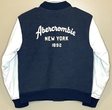 Abercrombie Kids Varsity Bomber Jacket 11/12 Patch Embroidered Logo Pockets Navy