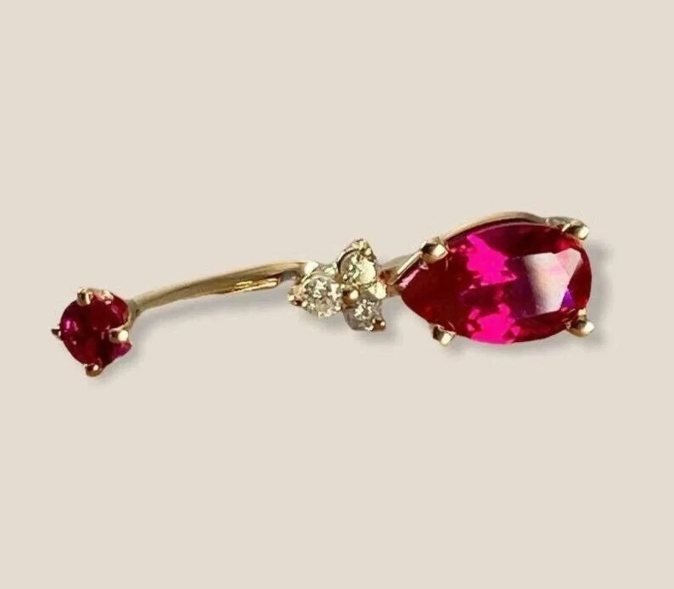 2Ct Pear Lab-Created Ruby Diamond Women Belly Button Ring 14K Yellow Gold Plated - Image 3 of 4