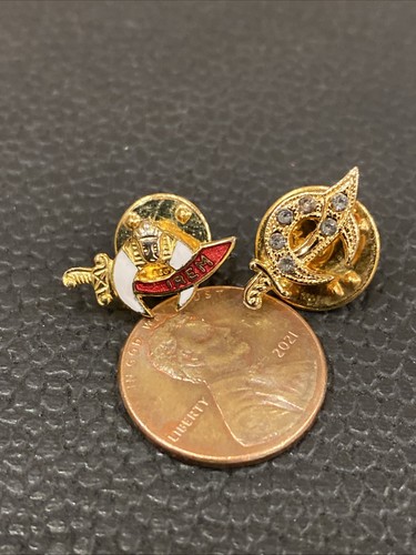 2 VTG GOLD TONE TIE TAC LAPEL PIN Masonic Shriners MOON SWORD ENAMEL RHINESTONES