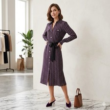 Michael Kors Women’s Midi Collard Dress Silver Chain Print Purple Long Sleeve-M
