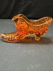 Fenton Art Glass Hobnail Cat Head Slipper Shoe Amberina Orange Cadmium Glows