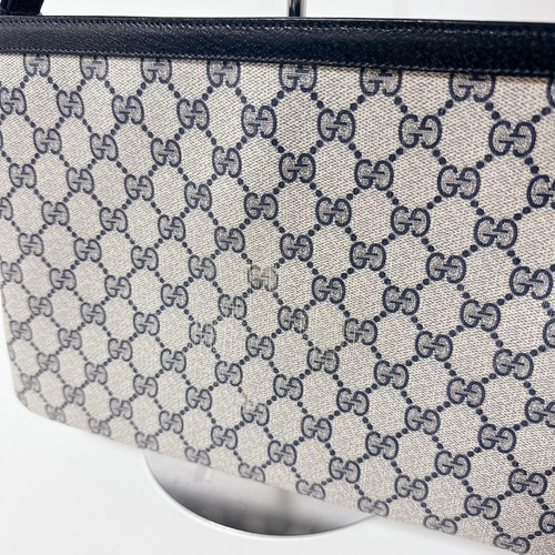 GUCCI GG Monogram Navy Grey Shelly Stripe Shoulder Bag Women PVC Leather Auth - Picture 18 of 24