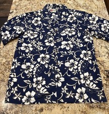 Vintage Hilo Hattie Shirt Mens Large Blue Hawaiian Camp Floral Aloha Cotton