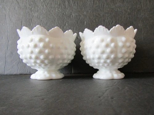 Fenton White Milk Glass Hobnail 3 Size Pedestal Candle Holder Pair