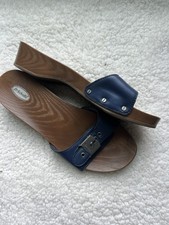 Vintage Dr Scholls Wooden Sandals Navy Blue Leather Slide Strap Size 7