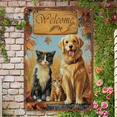 Blechschild Welcome Hund und Katze Vintage Metallschild TEL4440