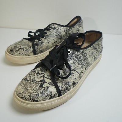 L.K. Bennett Bette Sneakers 37.5 Cream Black Floral Lace Ribbon Lace Up 38471