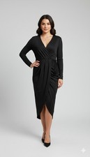 PrettyGarden Black Surplice V-Neck Long Sleeve Wrap Style Drape Midi Dress, M