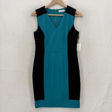 Calvin Klein Dress Womens 6P Blue Black Colorblock Sleeveless V Neck Sheath NWT