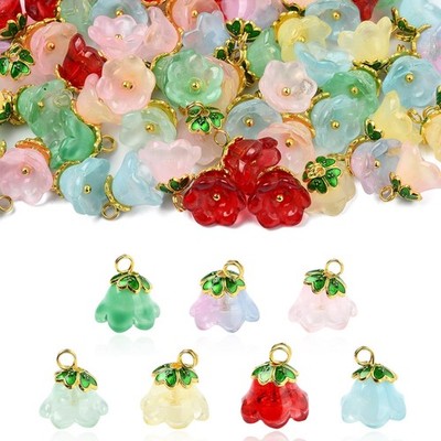 70pcs Glass Flower Pendant w/Brass Finding Floral Charm for Earring Necklace DIY
