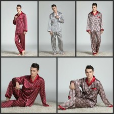 Herren Pyjama Schlafanzug Seide Satin Langarm Nachtwäsche Unterwäsche Nachthemd